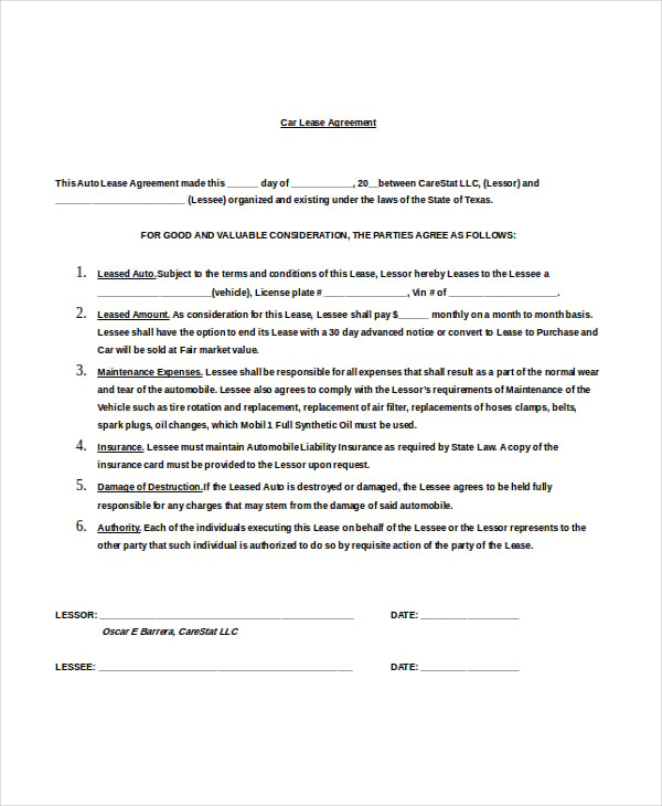 car lease agreement doc format free download