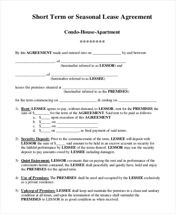 seasonal apartment residential lease agreement template sample download