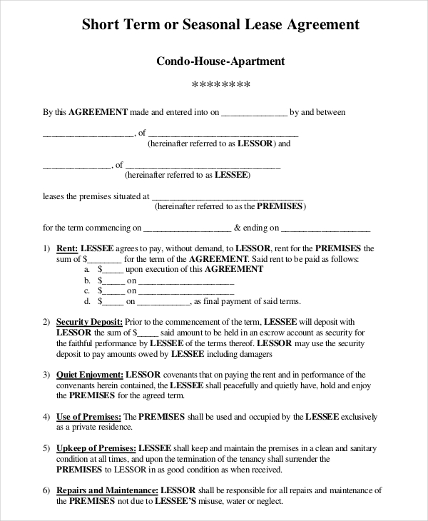20 Short Term Rental Agreement Templates Free Sample Example