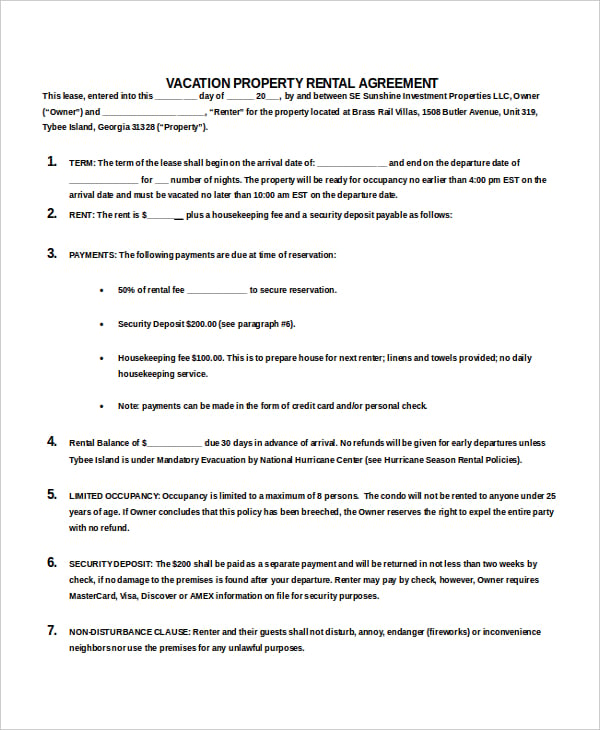vacation property rental agreement doc free download