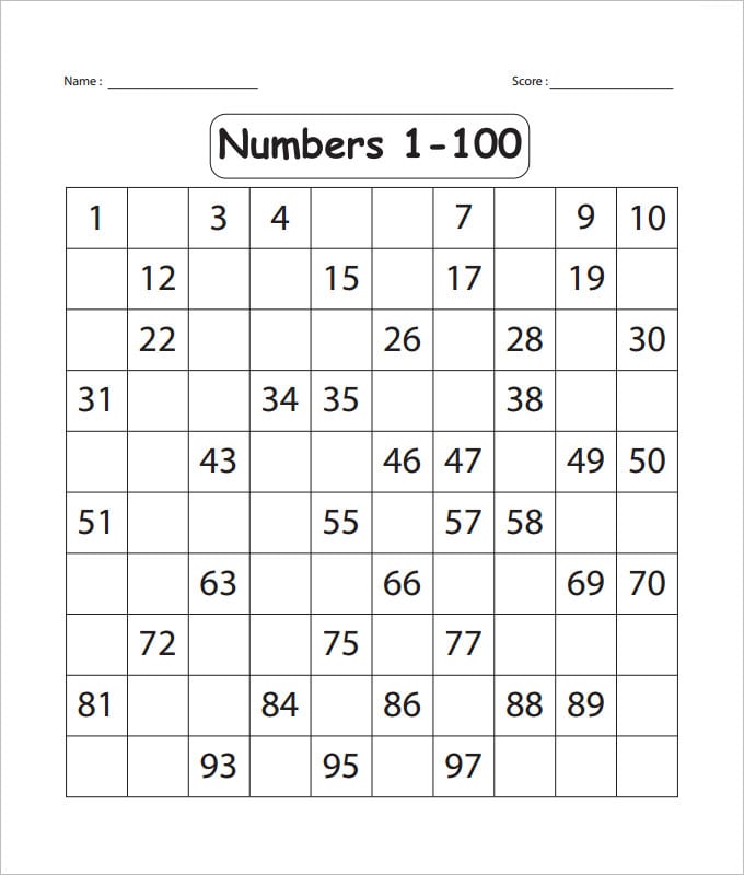 Numbers 1 100 Worksheets