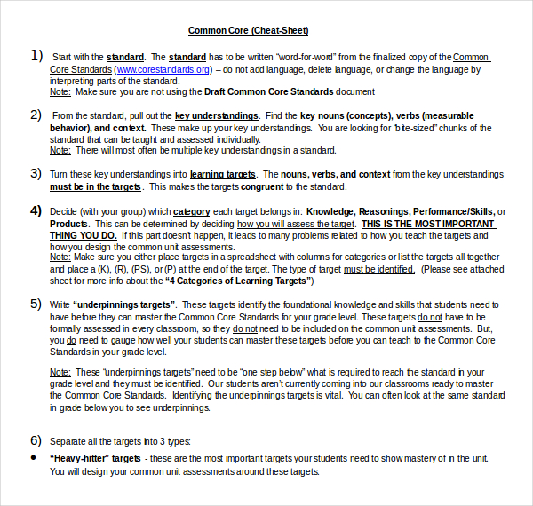 common core standards cheat sheet doc format template download