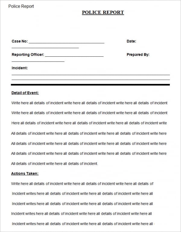 sample police report template word