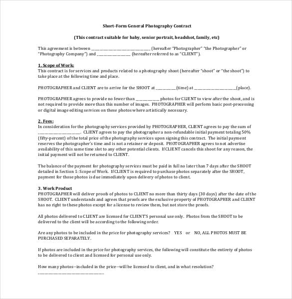 short form general photography contract