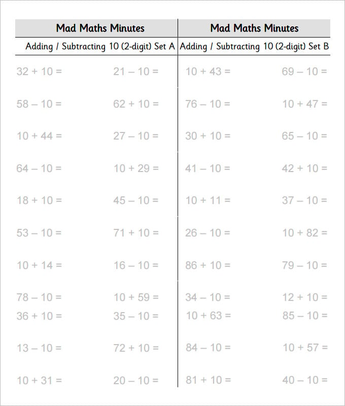 sets addition and subtraction worksheet template