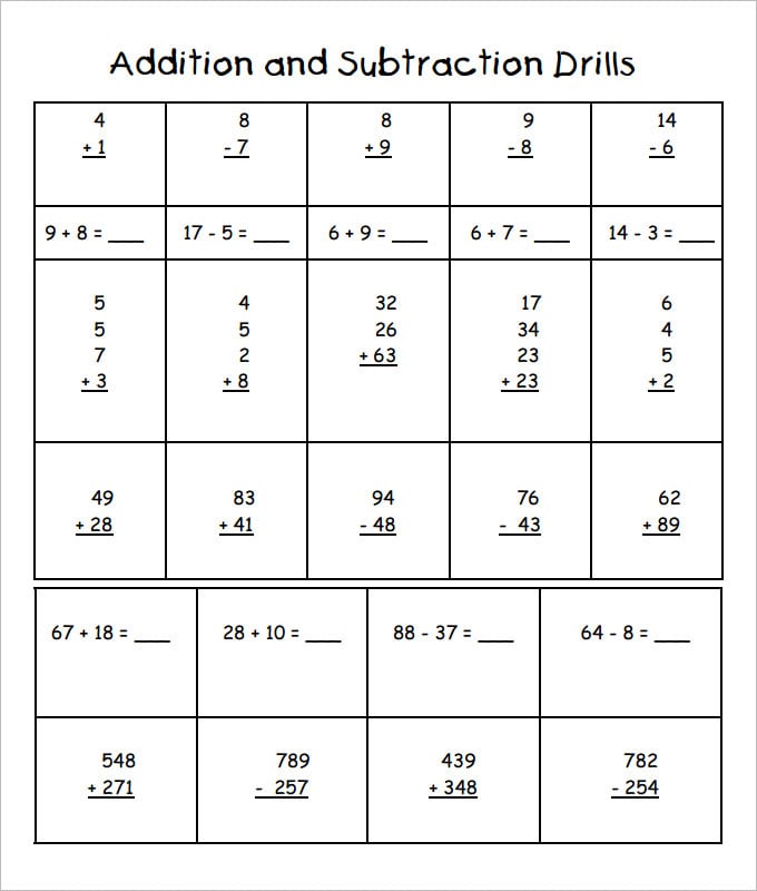 addition and subtraction drills worksheet template