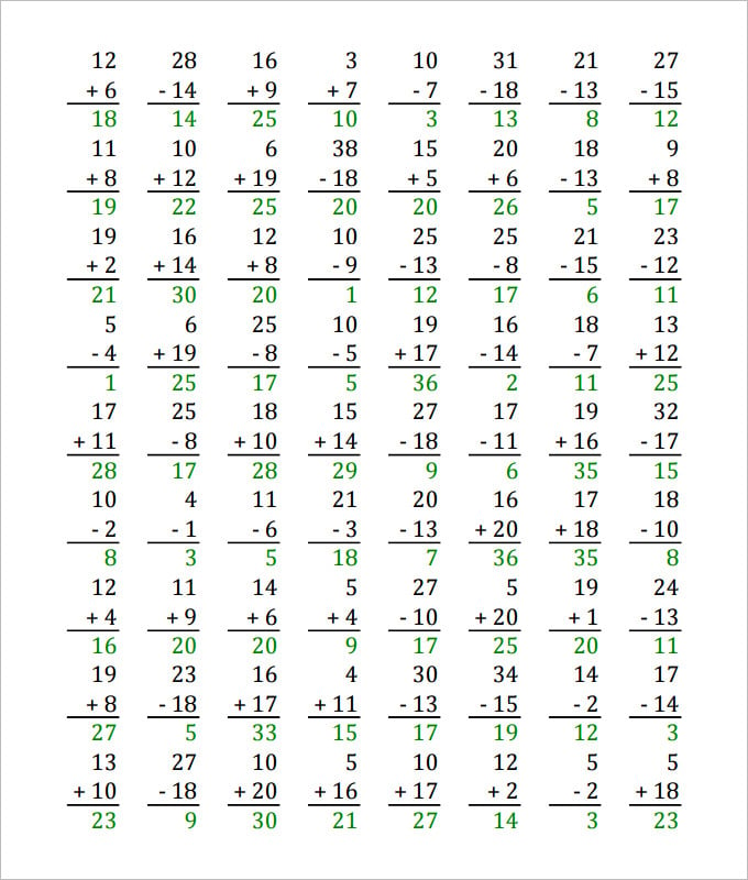 addition and subtraction worksheet template with answers