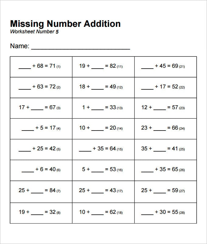 addition missing numbers worksheet template
