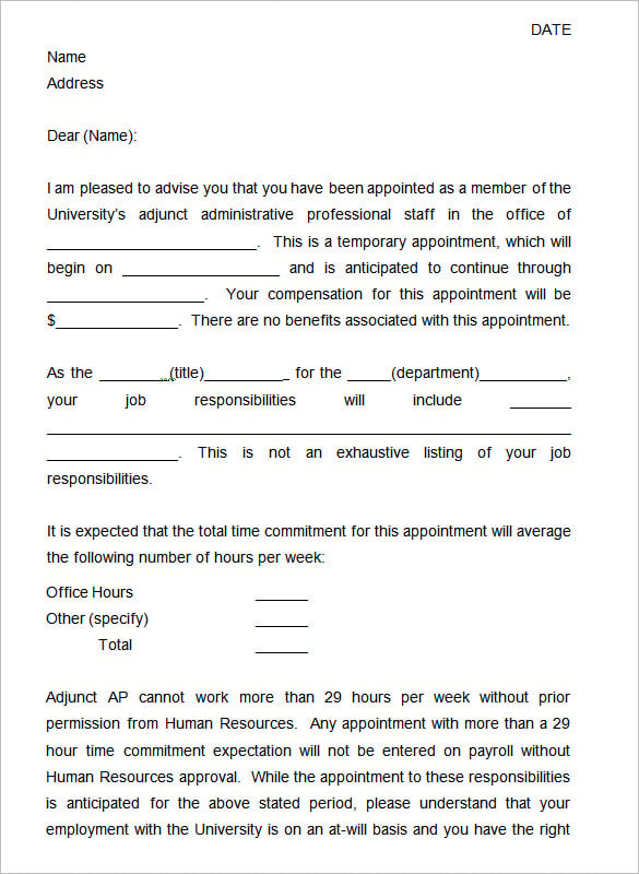 adjunct ap appointment letter