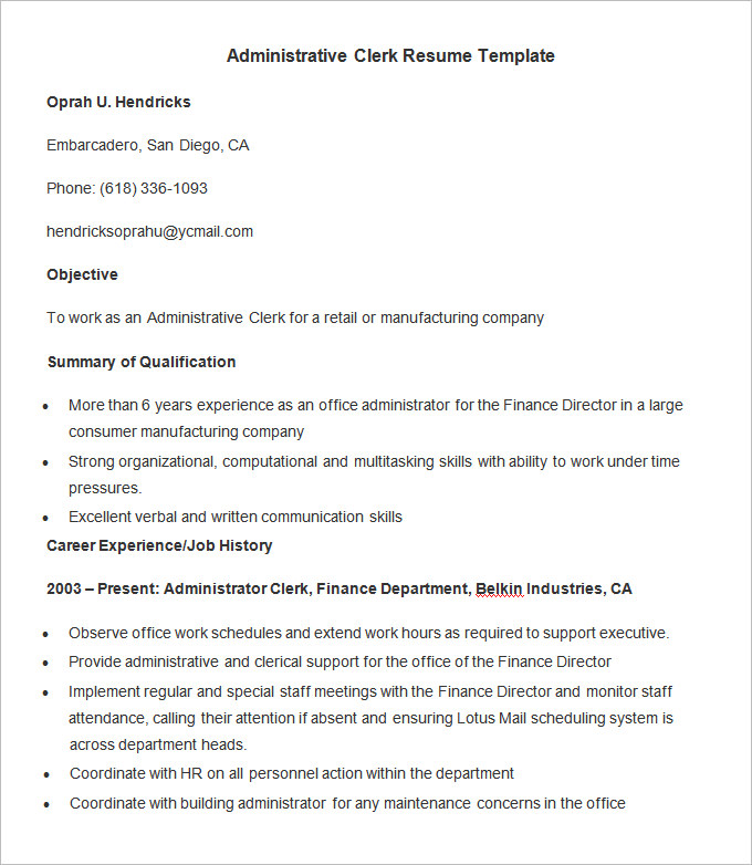 administrative clerk resume template