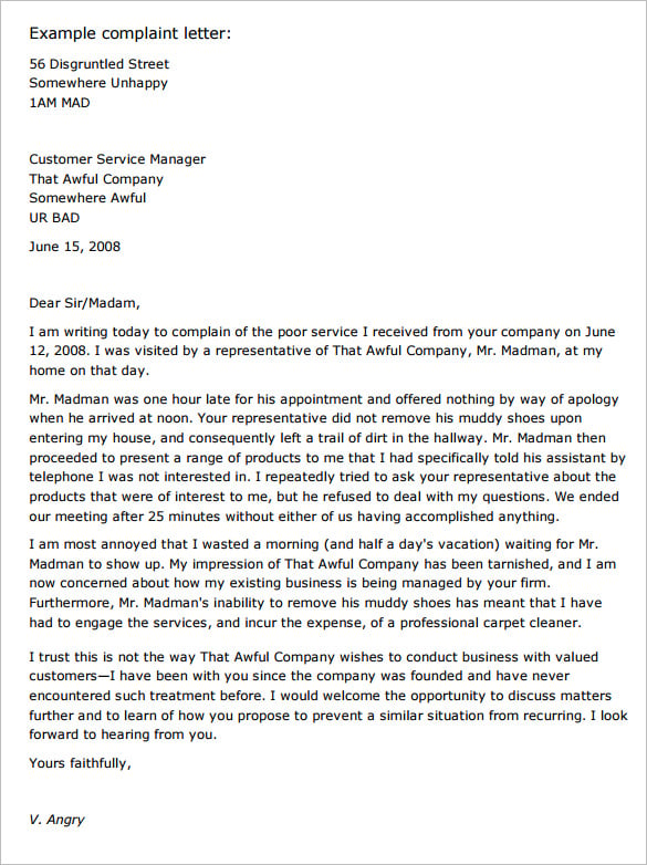 an example complaint letter