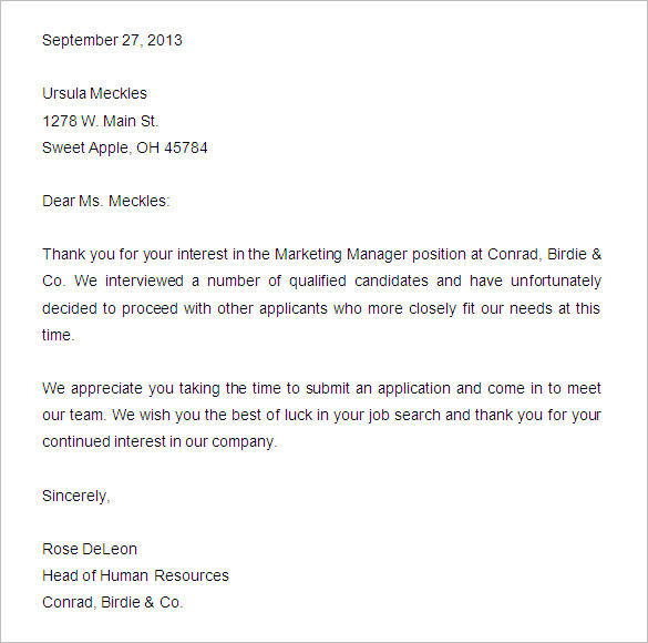 applicant rejection letter sample