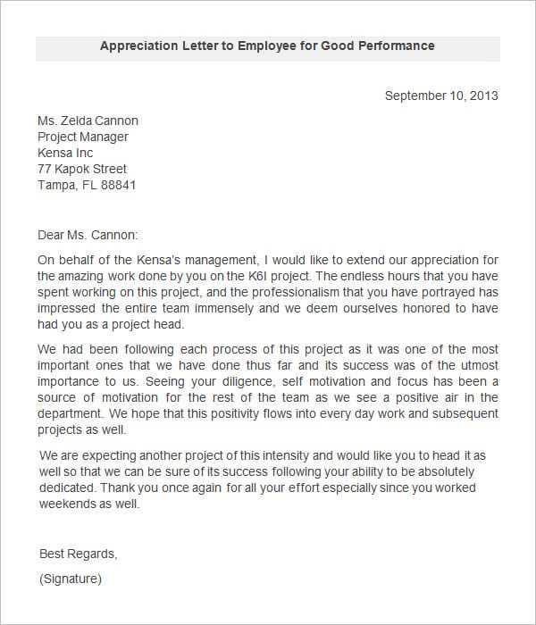 appraisal letter template to employee for good performance