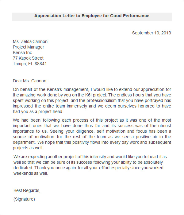 appraisal letter template to employee for good performance