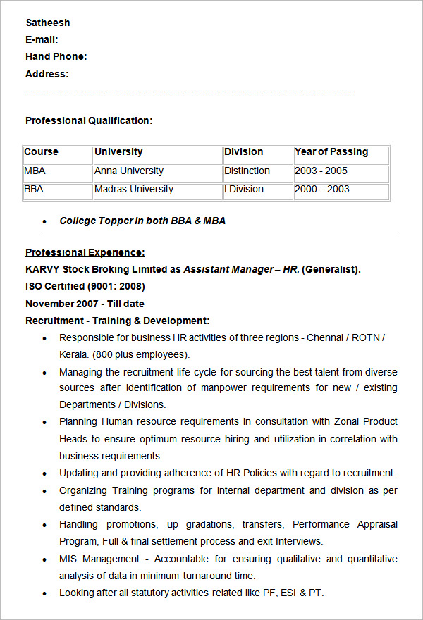 assistant manager hr resume example