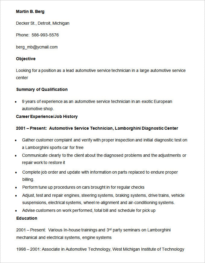automotive service technician resume template