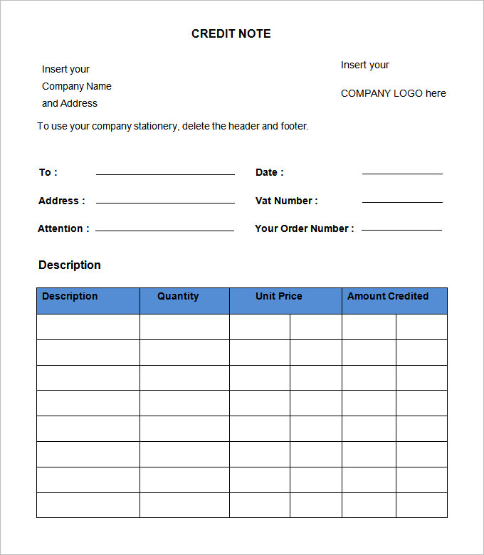 blank credit note template free download