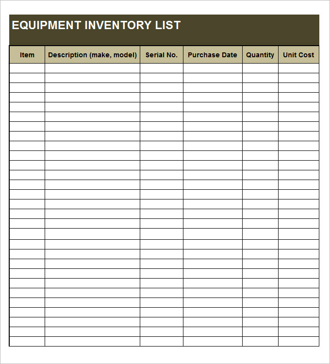 blank equipment inventory list template