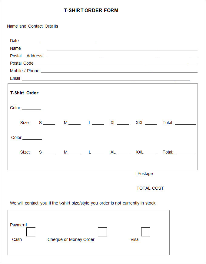 Free printable shop tshirt order forms