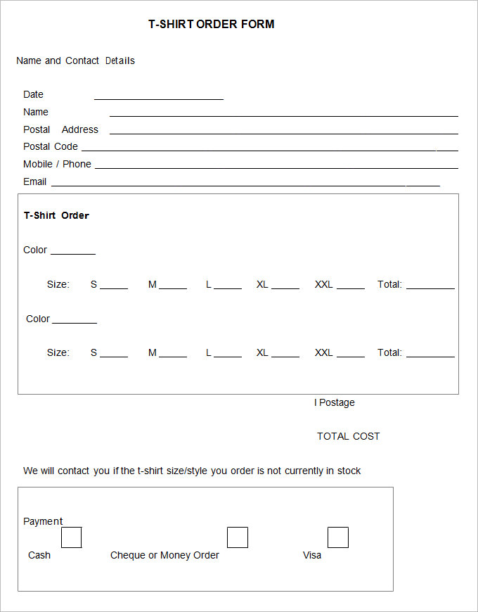 Free Printable Shirt Order Forms Printable Forms Free Online
