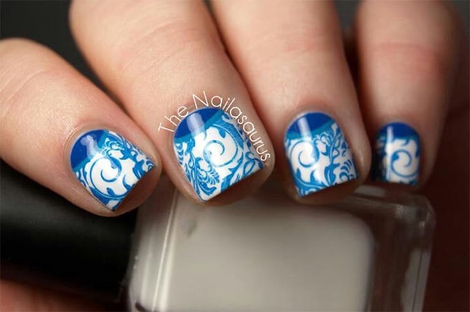 blue and white nail design