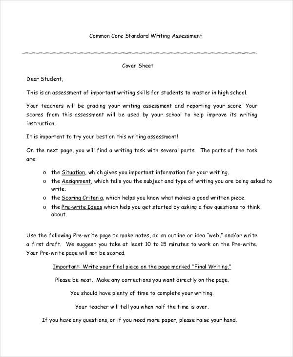 common core standard writing assessment cover sheet