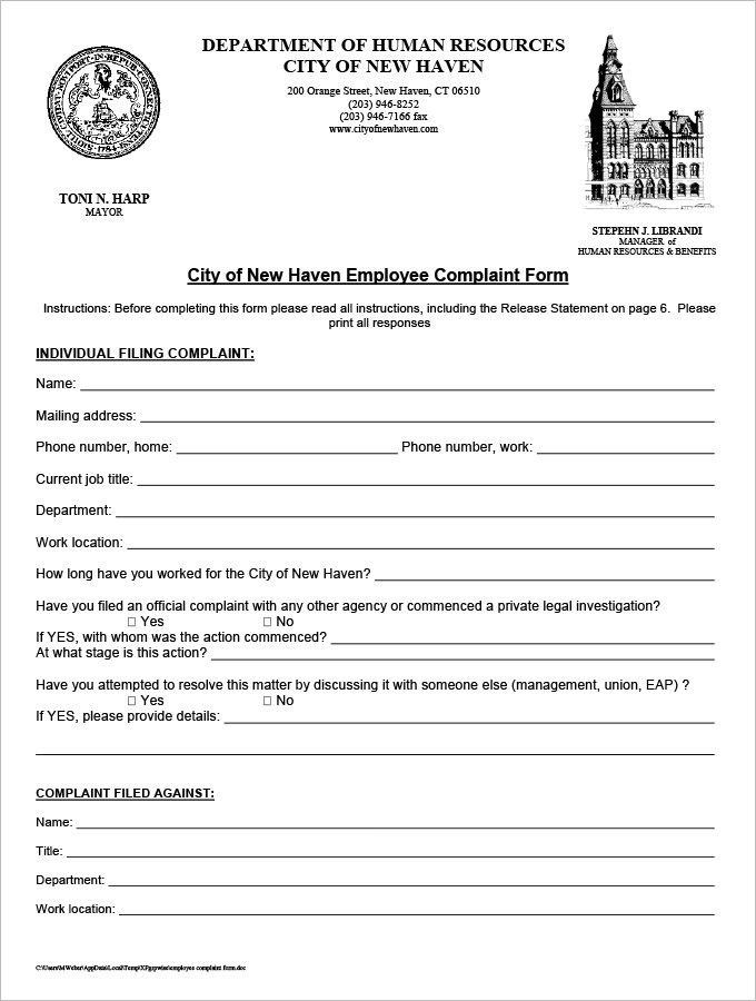 Complaint Form Against Employer Printable Template Printable Forms Free Online