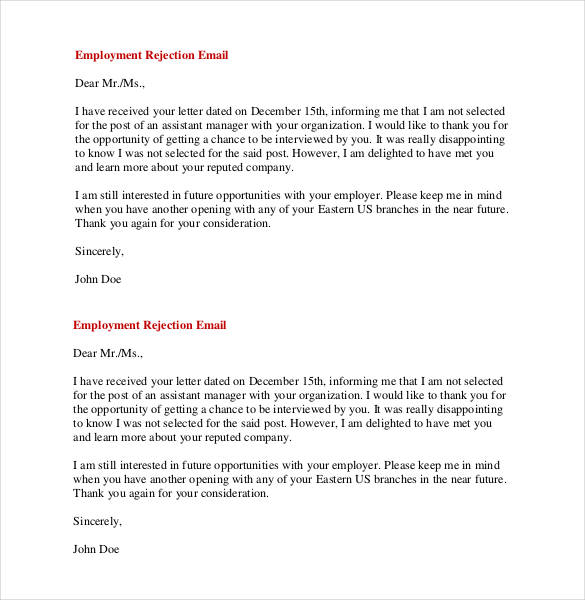 employment rejection email letter