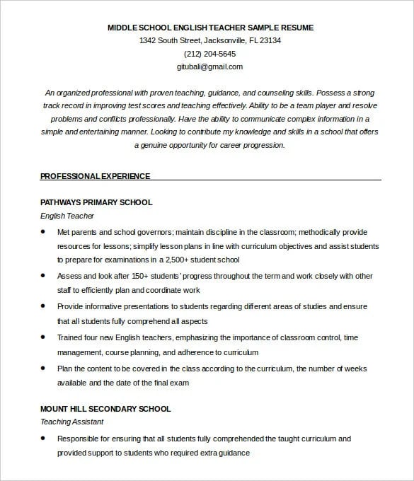 english teacher resume template