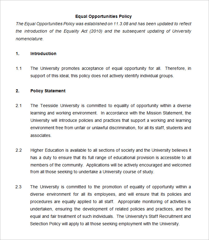 Equal Opportunity Policy Template Free Printable Templates