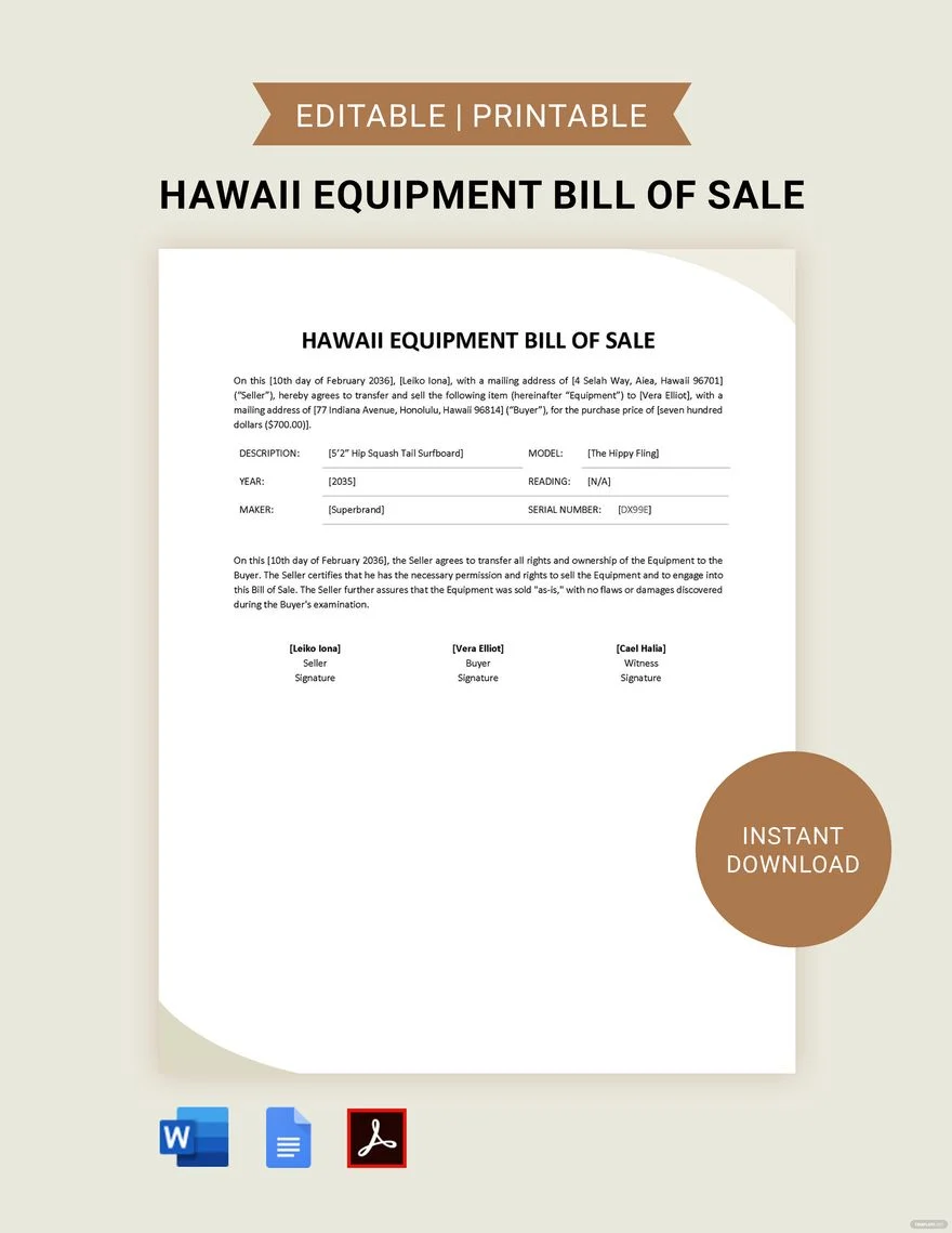 equipment bill of sale template
