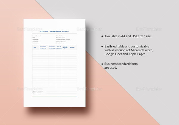 equipment maintenance schedule template