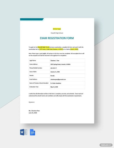 exam registration form template