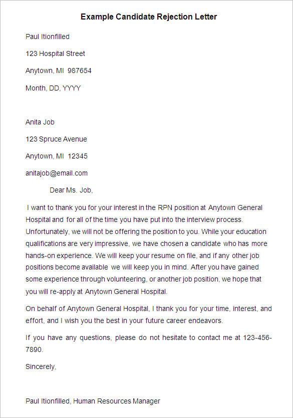 example candidate rejection letter