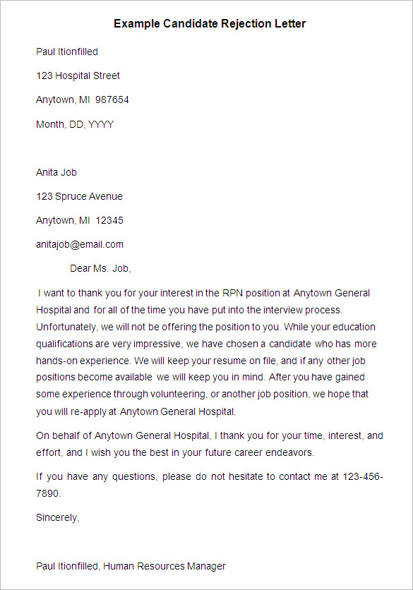 example candidate rejection letter