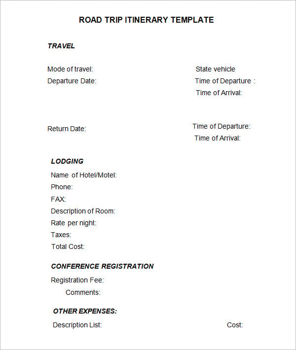 example road trip itinerary template free download