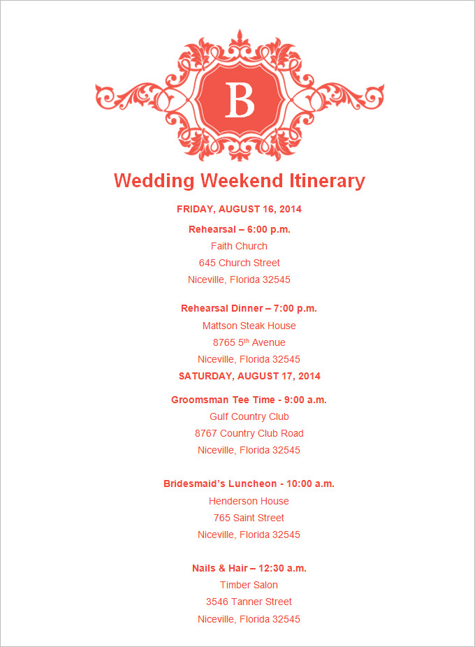 4 sample wedding weekend itinerary templates  doc pdf