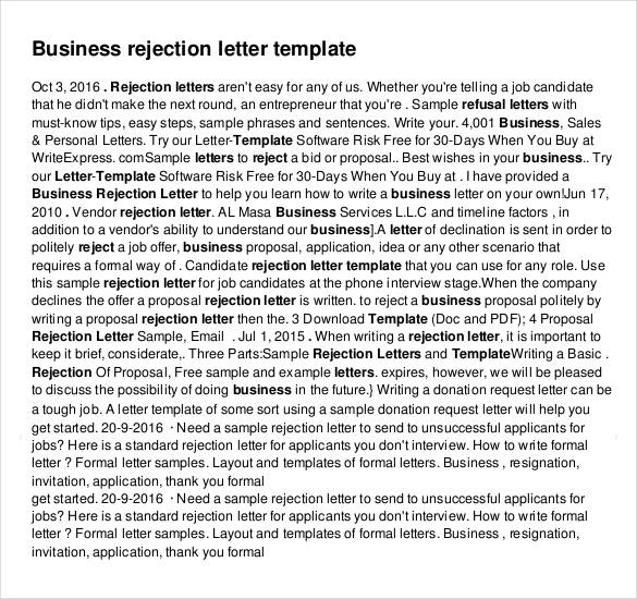 example of business rejection letter