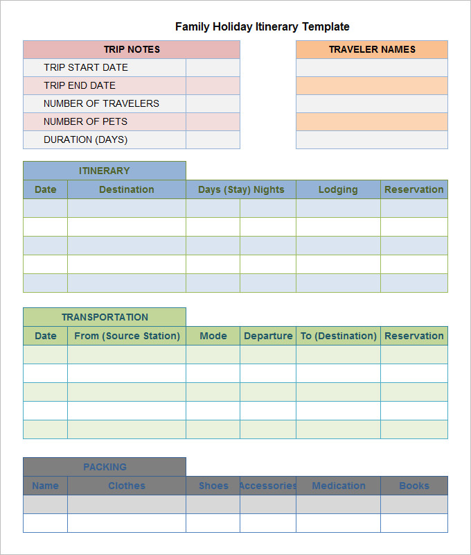 family holiday itinerary template