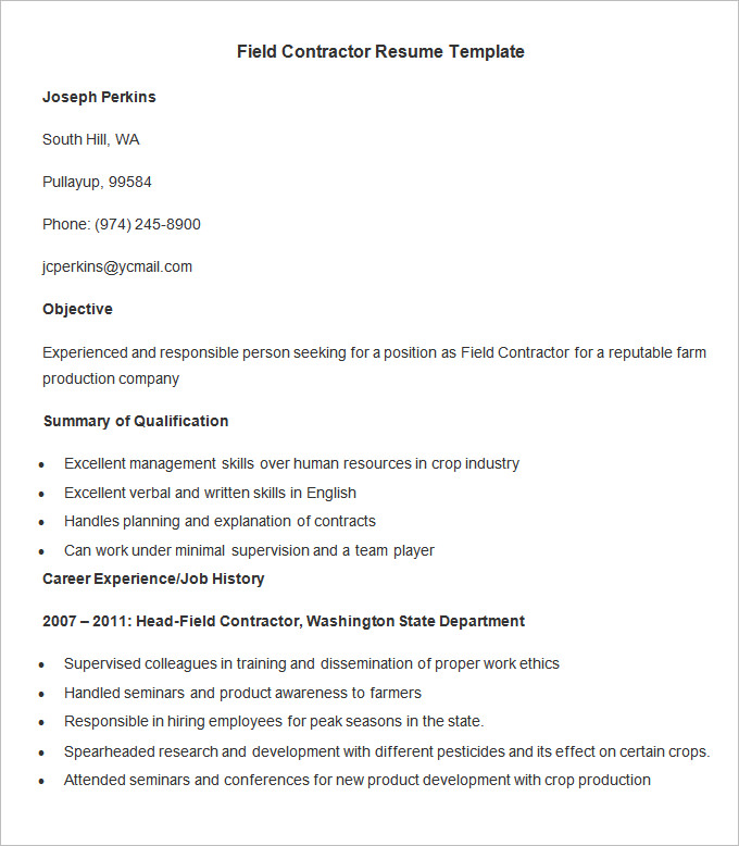 field contractor resume template