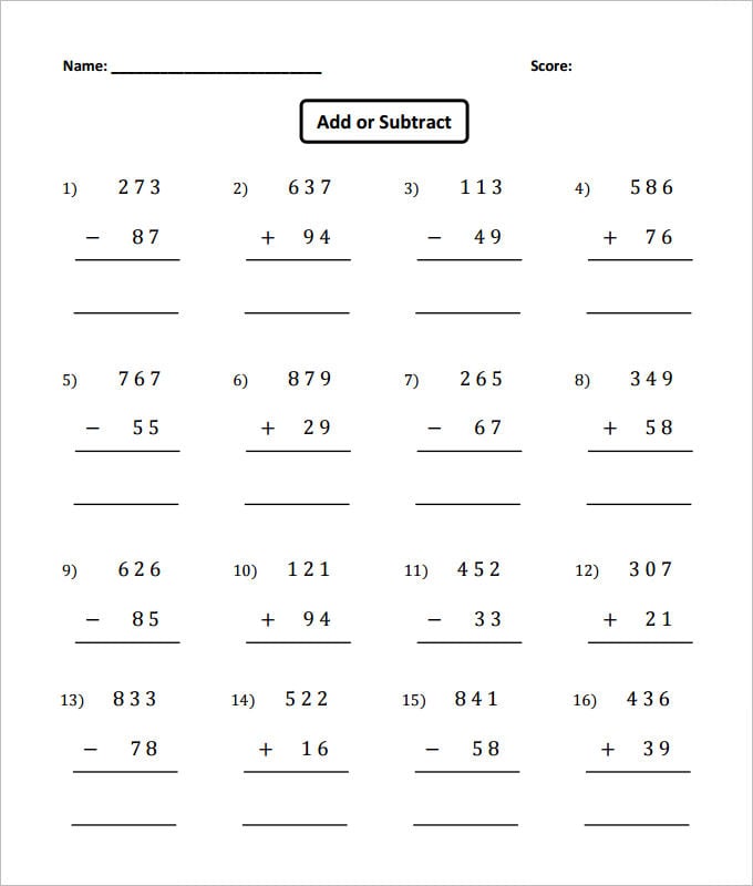 free basic addition and subtraction worksheet template