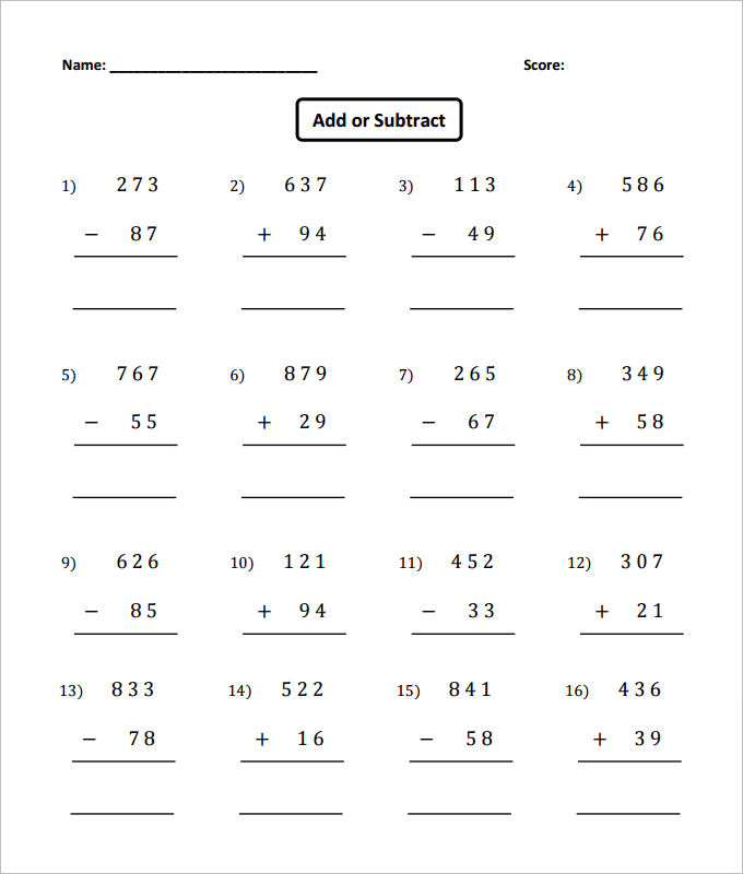 Addition And Subtraction Worksheets Printable Free