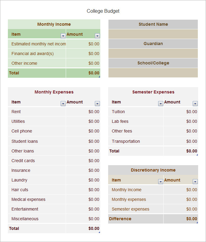 simple monthly budget worksheet for college students