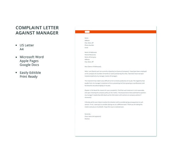 free complaint letter against manager template