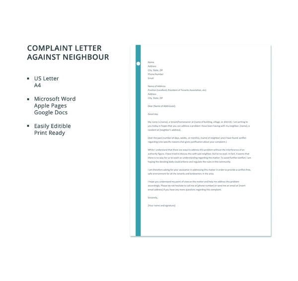 free complaint letter against neighbour template