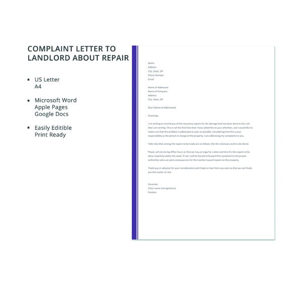 free complaint letter to landlord about repair template