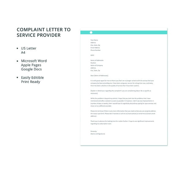 free complaint letter to service provider template