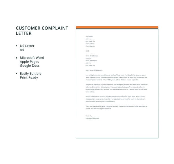 free customer complaint letter template