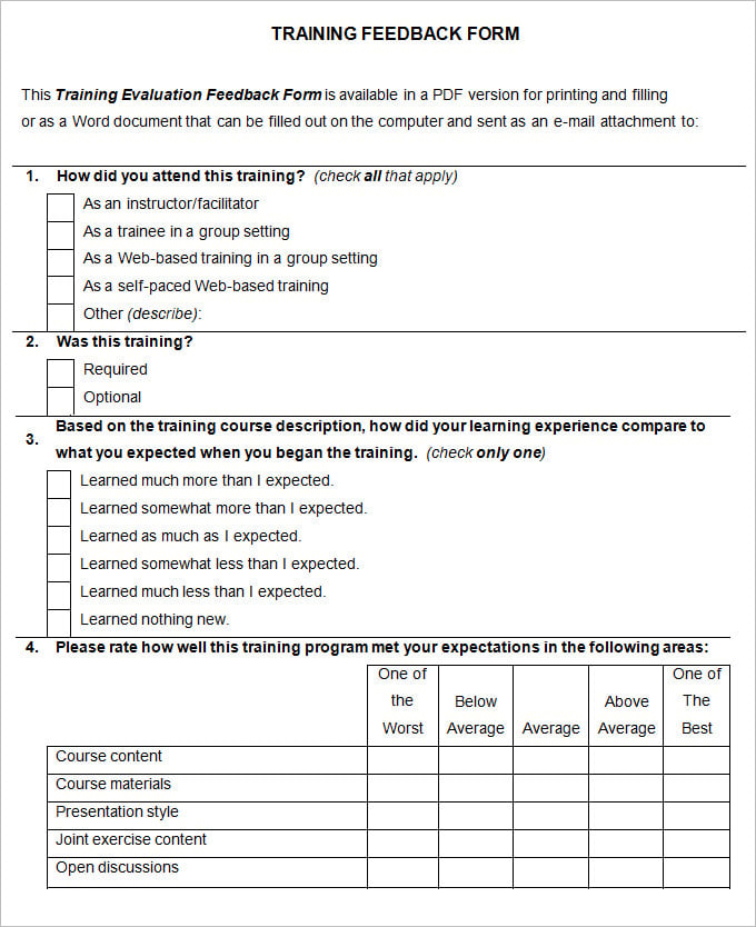free employee training and feedback form
