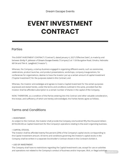 free event investment contract template